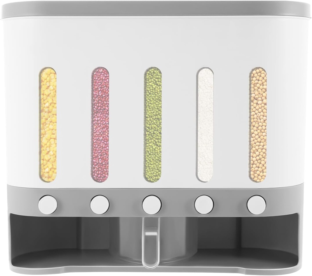 CNCEST Dry Food Dispensers, 5 Grid Rice Storage Distributor Grain Container Dispenser w/Cup Dry Food Storage Container Beans Dispenser Home Kitchen Easy to Clean (10 L)
