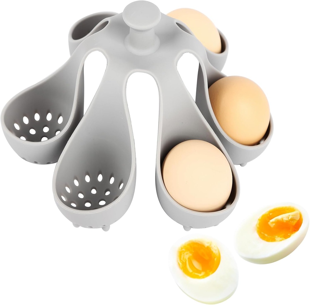 6 Egg Silicone Boiler Rack, Food-Grade Egg Cooker for Hard Soft Boiled Eggs, with Handle Poached Egg Mold, Dishwasher Safe BPA-Free Kitchen Gadgets (Gray)