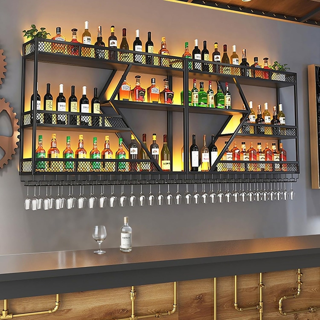 Modern Wine Rack Wall Mounted with Glass Holder,Metal Liquor Shelf With LED light strip,Floating Bar Shelves,Hanging Wine Bottle Display Shelf,Iron Storage Racks for Kitchen,Home Bar,Wine Cellar(Black
