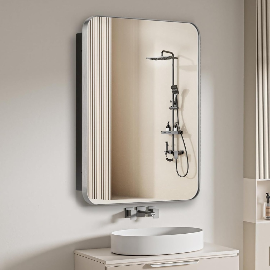 Bathroom Medicine Cabinet,16"x26" Mirror Door with Stainless Steel Brush Nickel Frame,Recessed & Surface Wall Cabinet with Glass Shelves, Rust-Resistant Bathroom Storage Cabinet