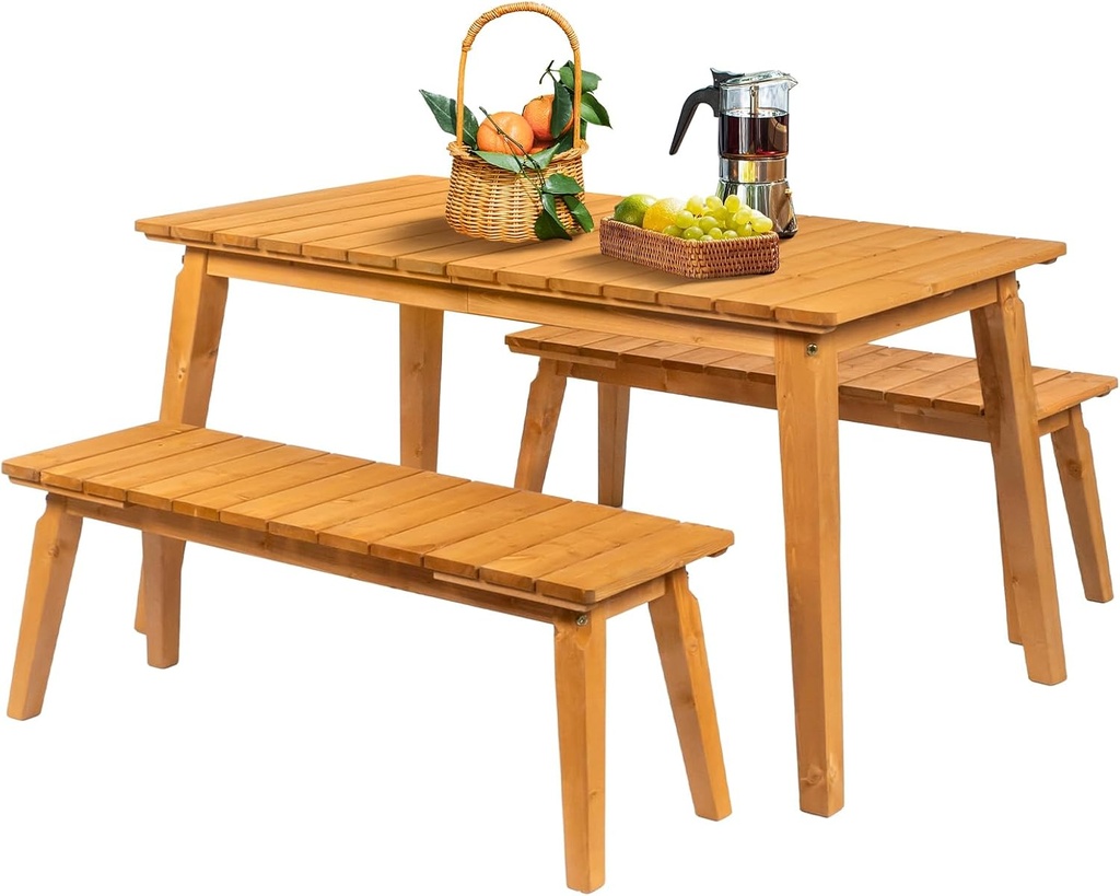 VINGLI Outdoor Dining Set with 2 Benches - Rectangular Patio Table & Bench Set, Weather-Resistant Fir Wood Garden Dining Furniture for Backyard, Lawn, Deck (Teak)