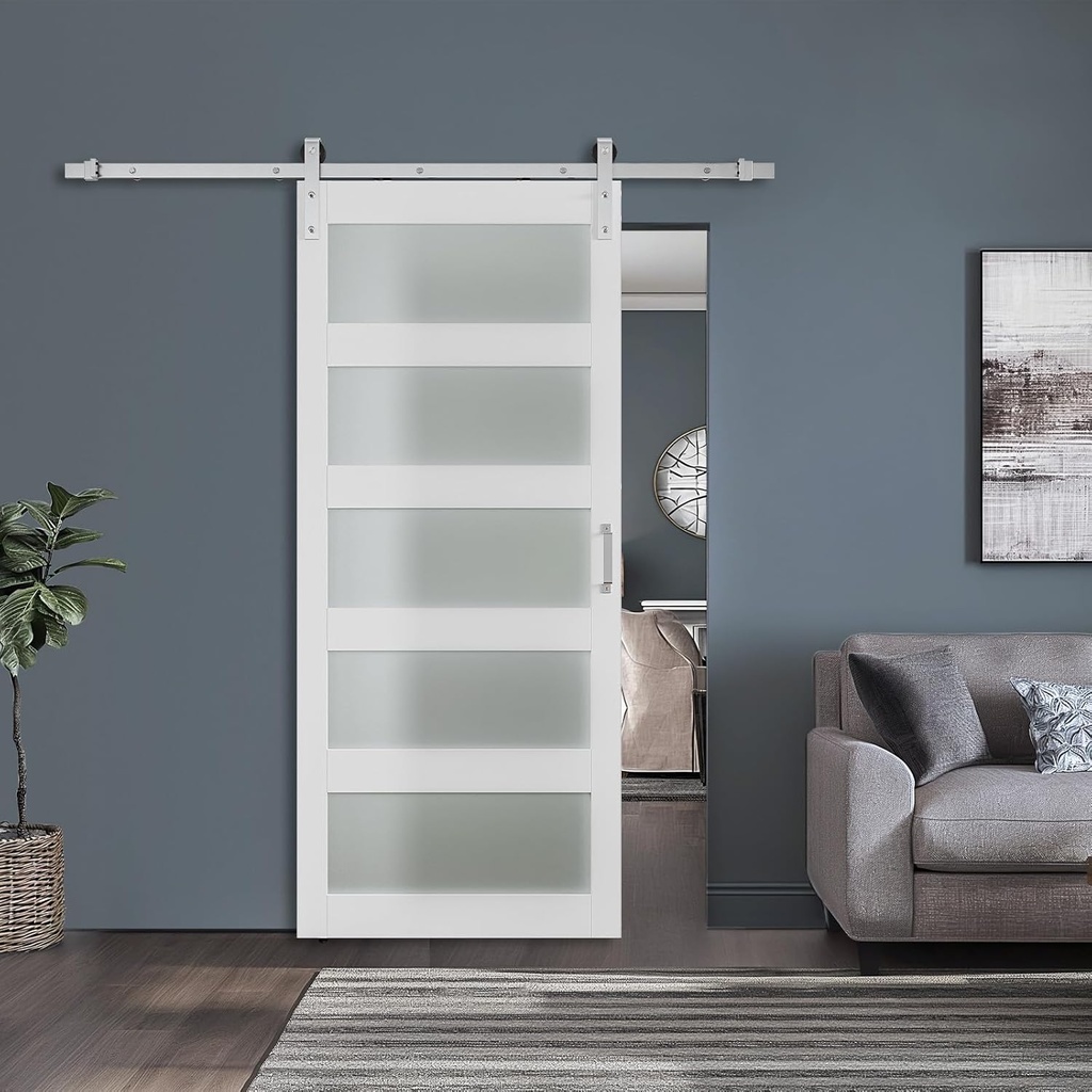 36 x 96 in Glass and Manufactured Solid Wood Paneled Barn Door with Brushed Nickel Hardware Kit