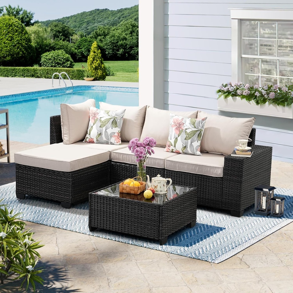5 Pieces Patio Furniture Set, Wicker Outdoor Sectional Sofa with Cushion & Coffee Table, Wider Armrest Patio Conversation Sofa for Party, Garden, Sunroom, Beige
