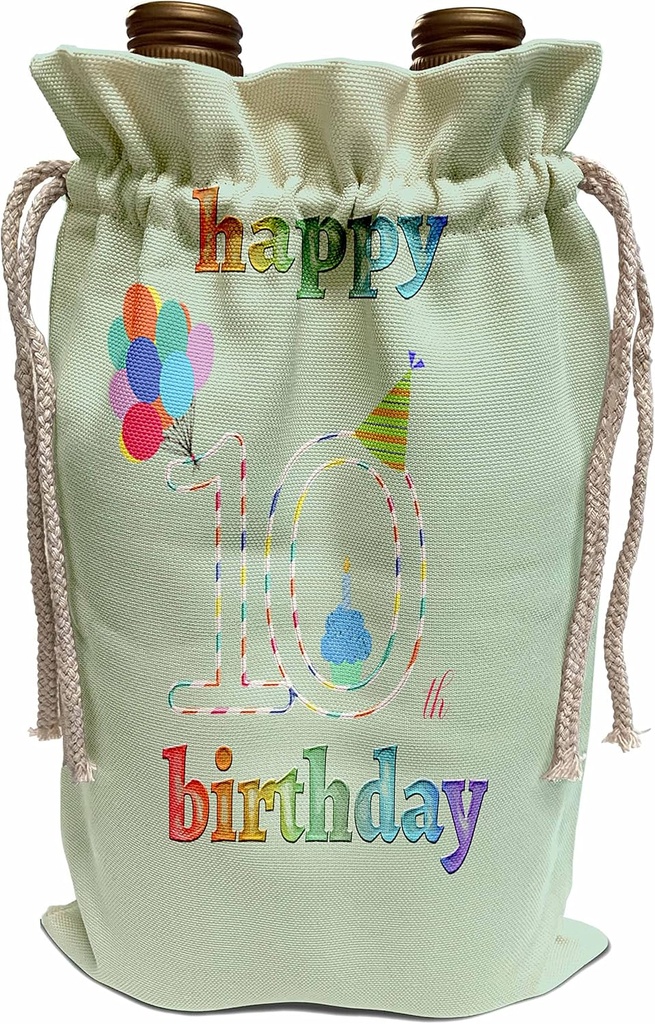 3dRose Happy 10th Birthday, Cupcake with Candle, Balloons, Hat, Colorful - Wine Bags (wbg_351654_1)