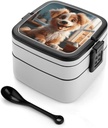 Cute Dog Bento Box Adult Lunch Box All-in-One Lunch Containers with Removable Compartments Double Layer Bento Lunch Box with Spoon And Handle Stackable Lunchbox