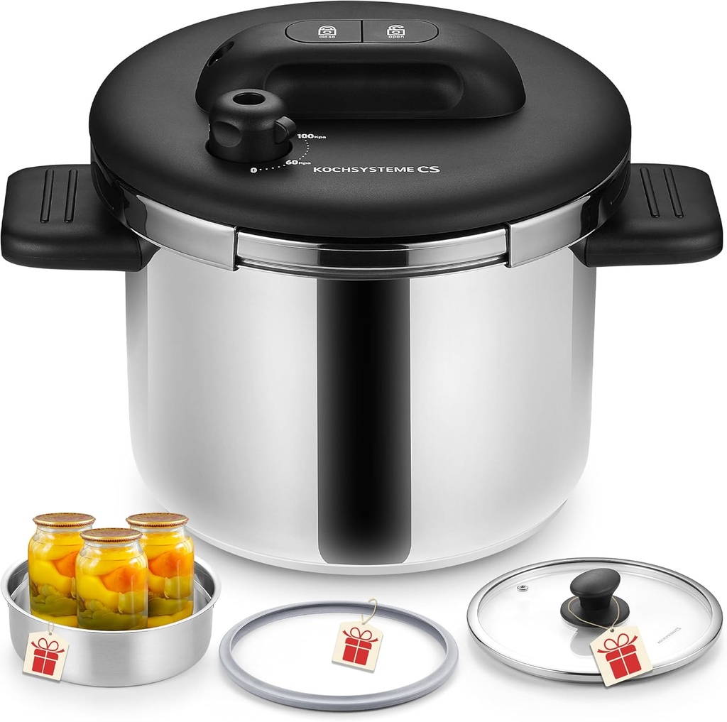KOCH SYSTEME CS Stainless Steel Pressure Cooker 8.5 Quart, Olla de Presion, 3 PSI Settings, 18/10 Stainless Steel Pressure Cooker, One-Press Lock Pressure Cookers, Induction Ready, Glass Lid & Steamer