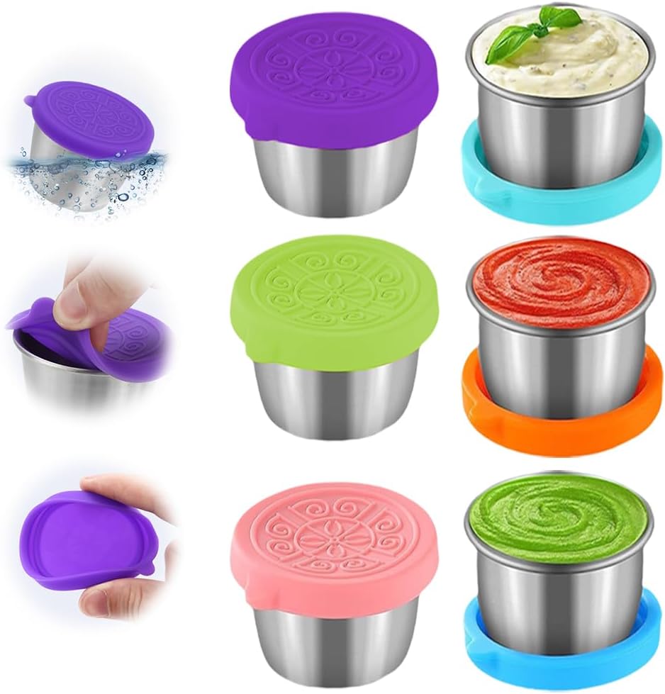 6x1.6/2.4 Oz Salad Dressing Container To Go Condiment Containers Coverd Lids,Small Reusable Stainless Steel Sauce Containers For Lunch Boxes Picnics Travel Meal Prep Kitchen Storage (6PC-2.4oz)