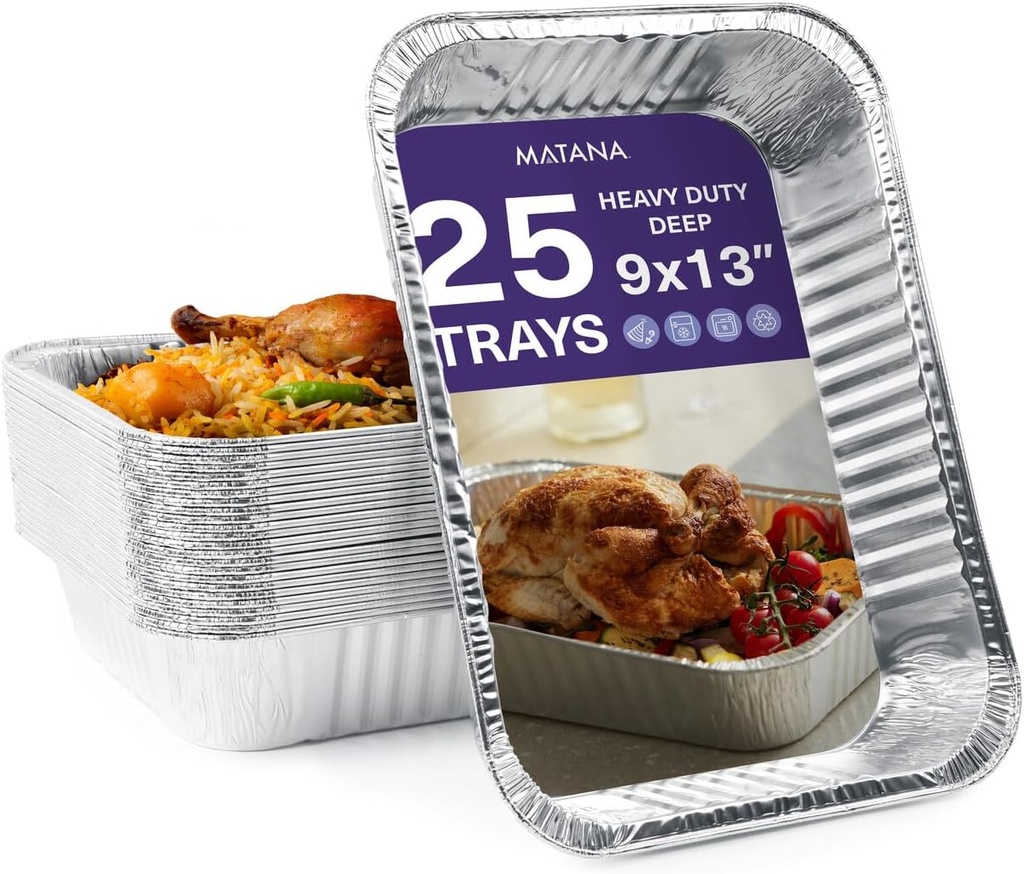 MATANA 9x13 Aluminum Pans Foil Trays (25 Pack) Disposable Baking Tin Foil Pan, Half Size Deep Steam Table Pan, Aluminum Tray, Great for Oven Roasting, Chafing, Heating, Serving Food, Parties