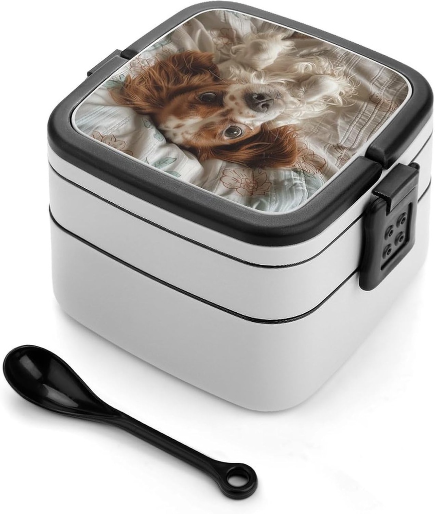 Brown And White Dog Bento Box Adult Lunch Box All-in-One Lunch Containers with Removable Compartments Double Layer Bento Lunch Box with Spoon And Handle Stackable Lunchbox