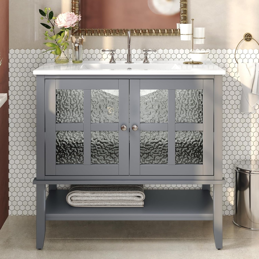 Christopher Knight Home Narrot Modern 36" Bathroom Vanity with Ceramic Sink, Wooden Bathroom Vanity Organizer with Adjustable Shelf, Soft Closing Door Bathroom Storage Cabinet, Gray