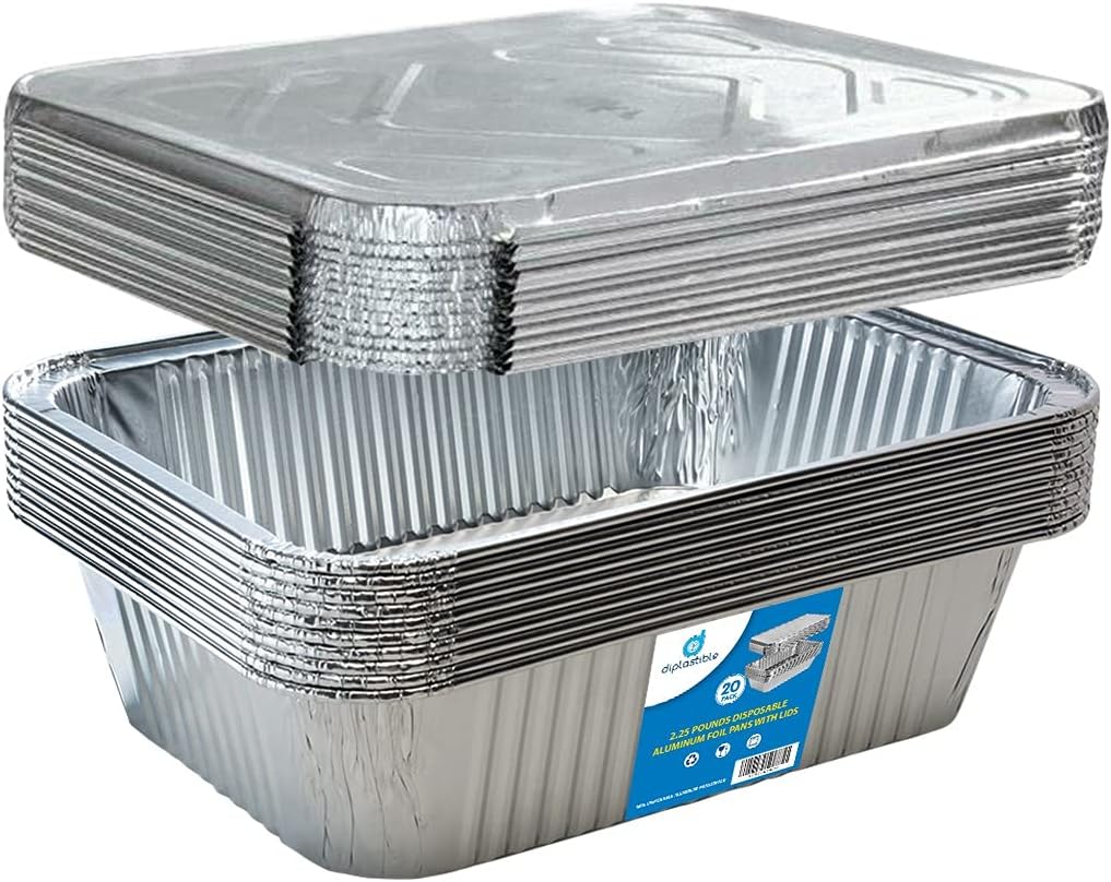 Diplastible Oblong Disposable Aluminum Pans with Lids - 20 Pack - 8.5 x 6 x 2.5 in 5-lb Pan with Foil Covers Perfect for Baking Cooking Food and Storage Container
