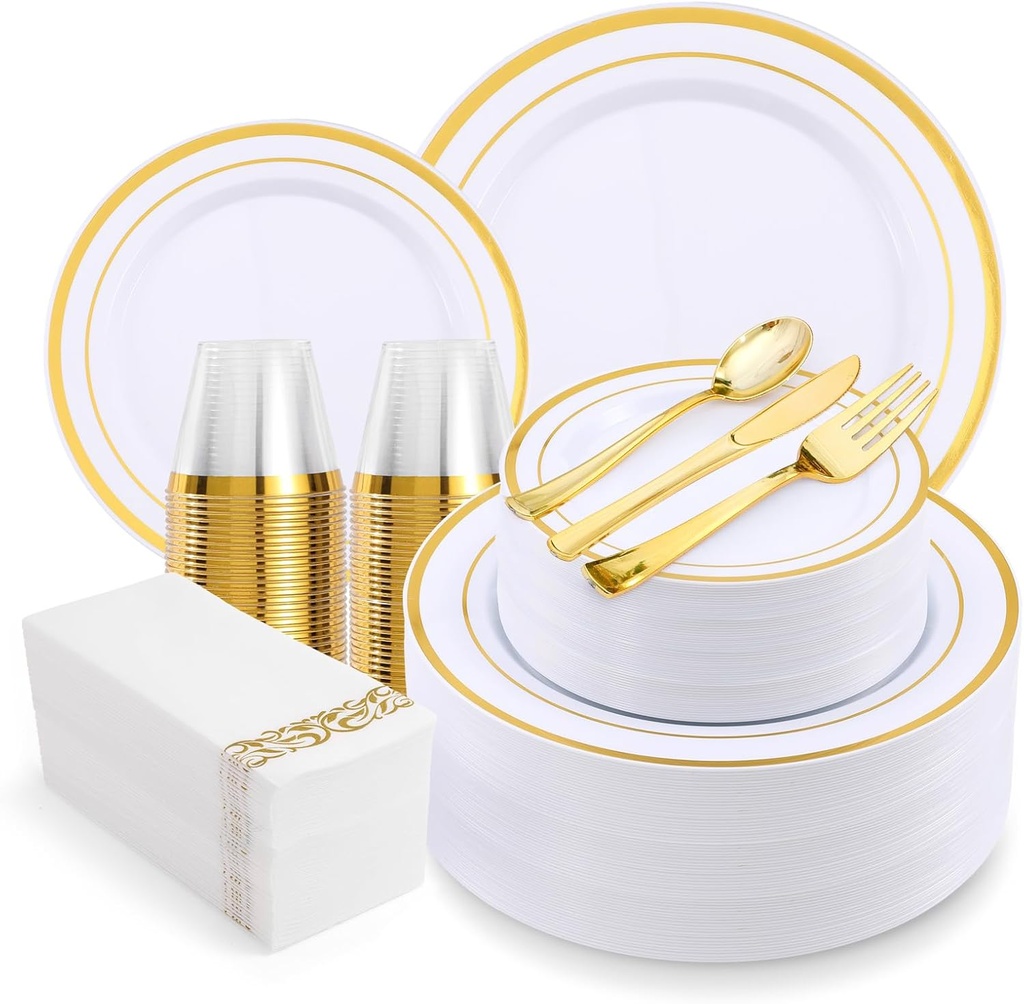 700-Piece Gold Rim Plastic Dinnerware Set for 100 Guests, Elegant Disposable Dinnerware for Party, Wedding. Includes Dinner Plates, Dessert Plates, Gold Silverware, Napkins, Cups