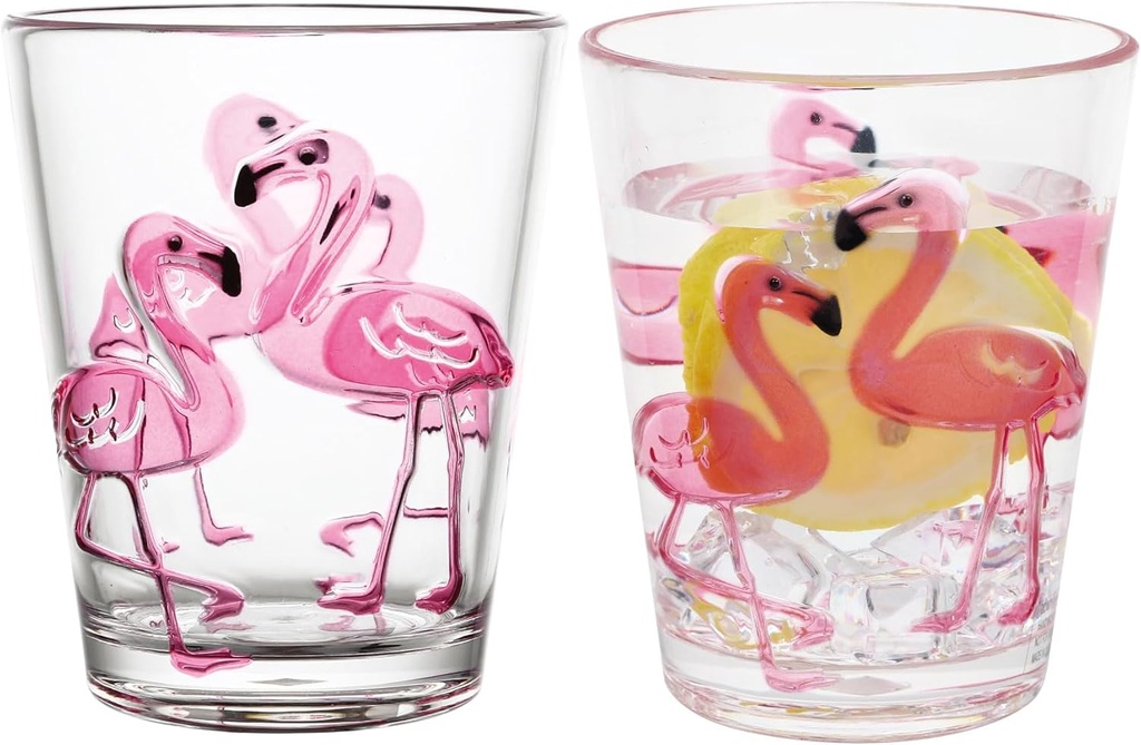 UPware Flamingo DOF Tumblers, Stackable BPA-Free Acrylic Cups with Embossed Pink Flamingo Design, Reusable Drinkware for Water, Cold Drink or Cocktails, 16 oz, Set of 2