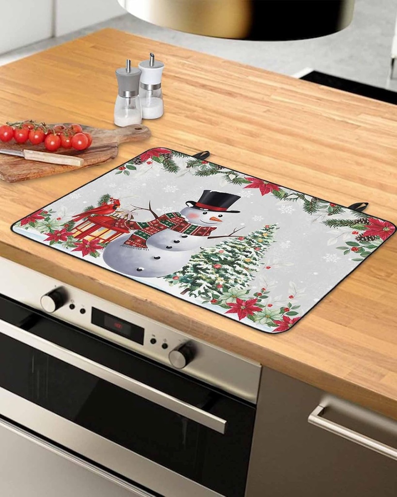 Christmas Countertop Burners Protection Mats for Kitchen, Snowman Floral Snowflakes Pine Needles Gray Rubber Stove Top Cover Mat, Heat Proof Mats Cooktop Cover for Counter Dish Drying Mat, 31"x24"