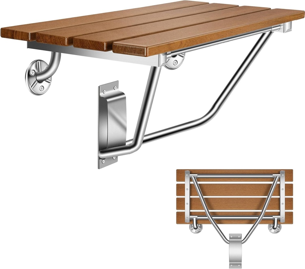 Folding Shower Seat Wall Mounted 28" with Stainless Steel Bracket, Structural Stability, 500 lb Capacity, Space-Saving, Teak Shower Bench for The Elderly, Disabled, Pregnant Individuals, Children