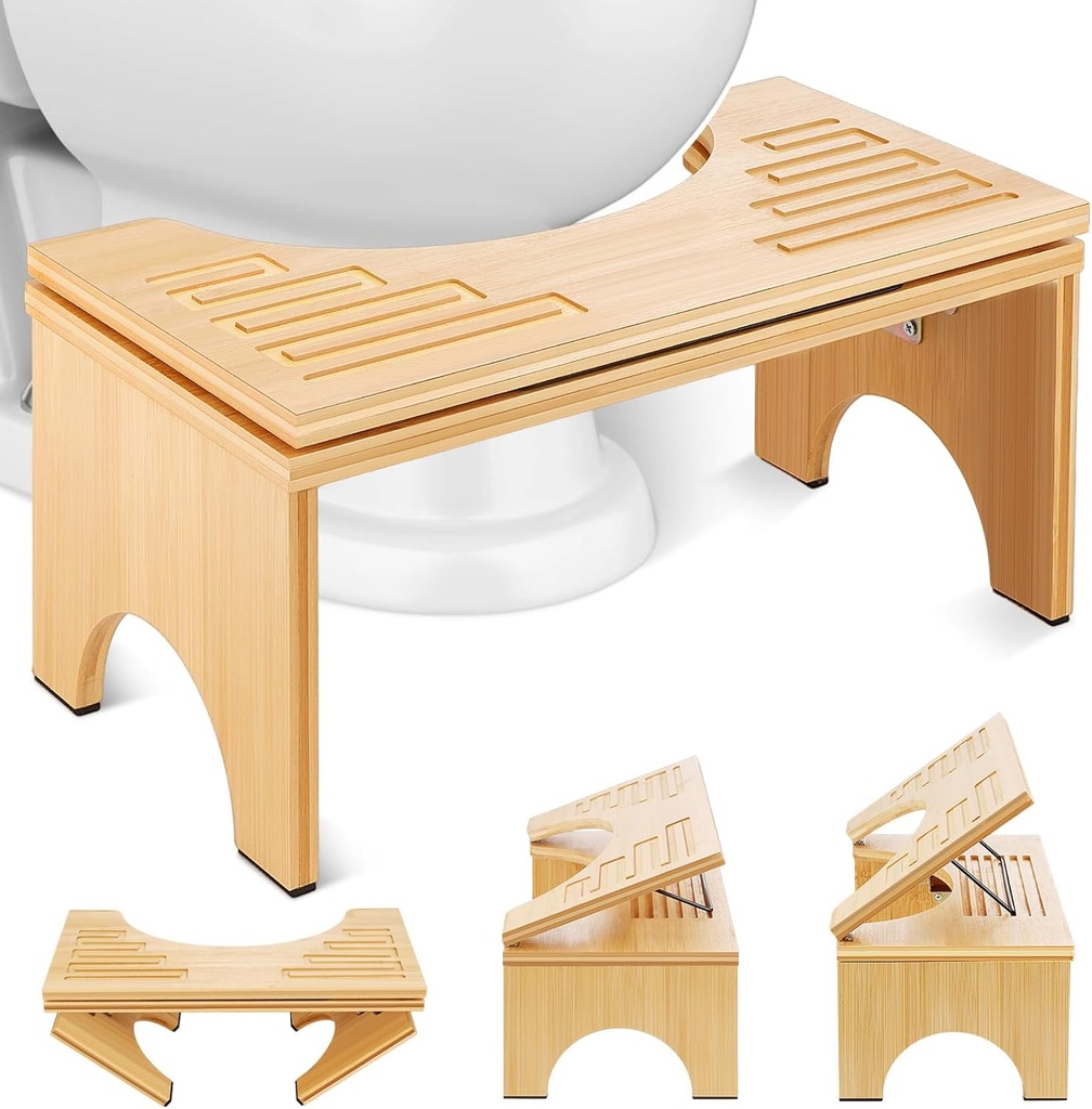 Foldable Toilet Stool, 7.1 Inches Adjustable Height Bamboo Squat Potty for Bathroom, Poop Stool with Built-in Bracket, Toilet Foot Step Stool for Adults, Better Posture & Digestion