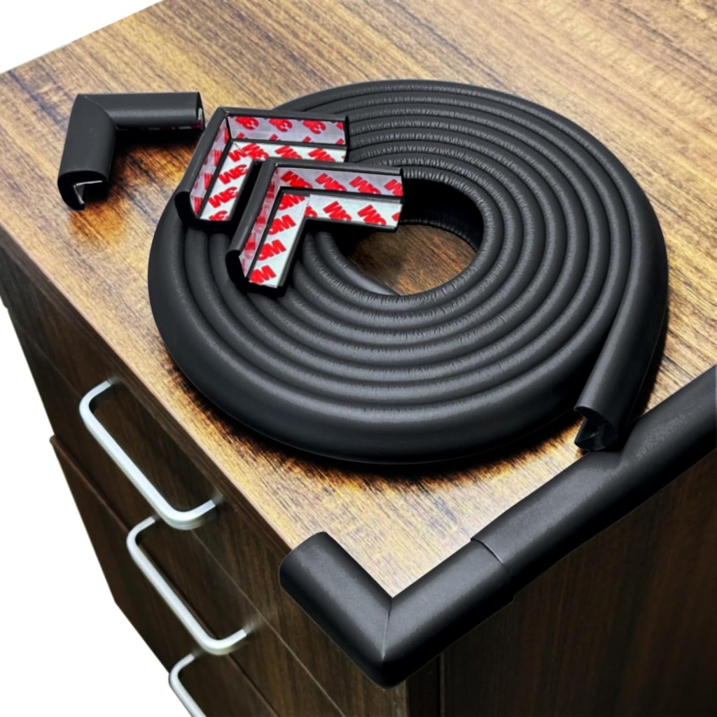 Foam Baby Proof Corners and Edges, Corner Protector Baby(12.0ft Edge+4corners) Adhesive for Table, Furniture, Cut to Any Size, Easy Install and Remove on Wood Metal Glass