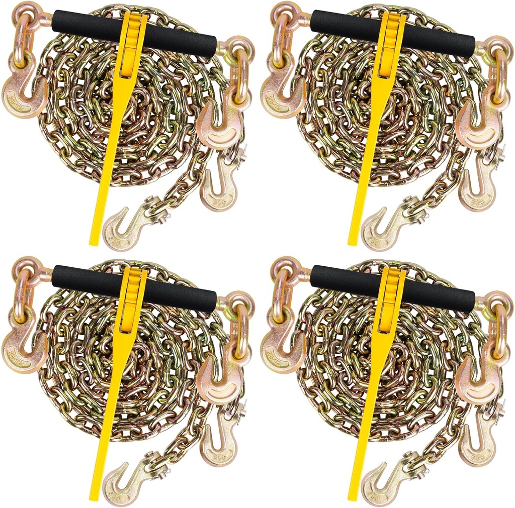 G80 Chain and Binders Kit 1/4in-5/16in 4 Set, Grade 80 Load Chain Binders with 1/4"× 10 feet G80 Trailer Safety Tow Chains and Hooks, 2,200Lbs Working Strength, for Tie Down Hauling Towing