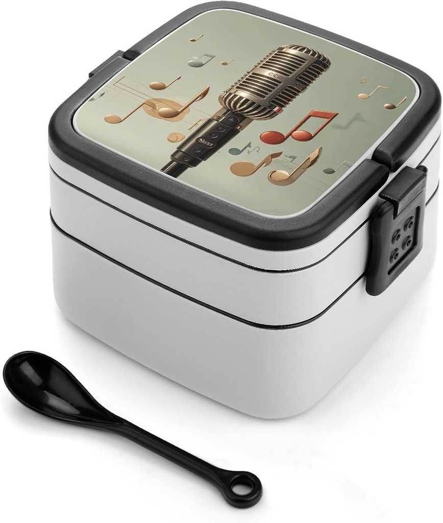 Stackable Double-Layer Bento Box Microphone with Music Note Adults Lunchbox with Spoon Cute Japanese Bento Box Dishwasher Safe for Work Travel Dining Outc