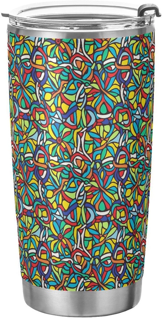 Mandala Stained Glass Colorful Stainless Steel cup with straw Leak-proof Lid and Straw coffee mug to go for Water, Iced Tea or Coffee simply modern straw tumbler 20oz taza termica para cafe