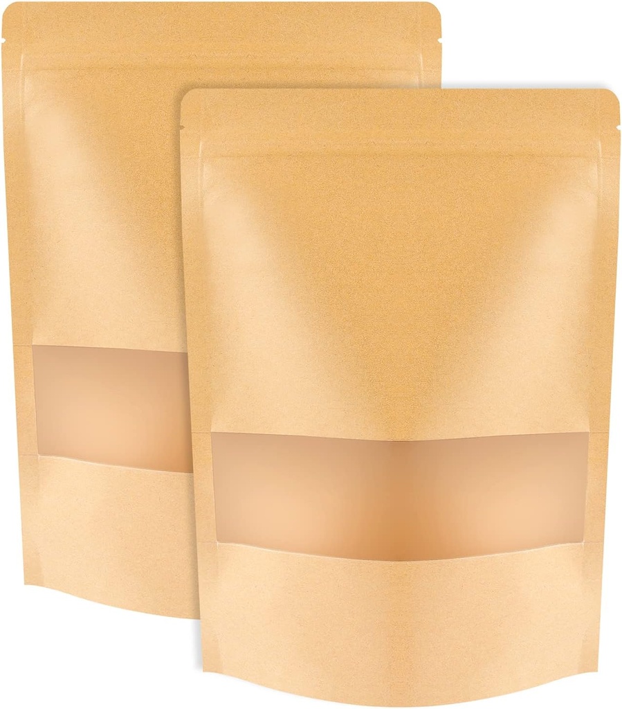 100 Pcs Kraft Stand Up Pouches 7.1 x 10.2 Inch Resealable Zip Lock Food Storage Bags with Matte Window for Packaging