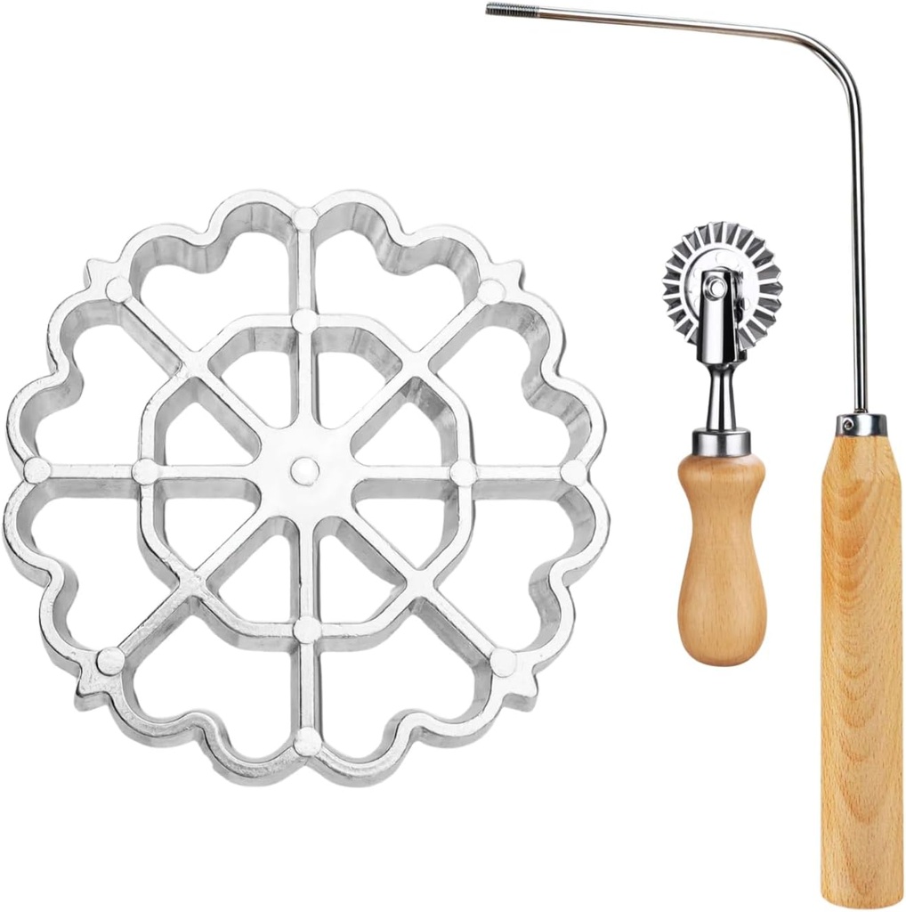 Bunuelos Mold Rosette Iron Molds Set with Wooden Handle - Lotus Flower Bunuelos Cookie Maker Mold with Pasta Cutter Wheel for Home and Kitchen Use