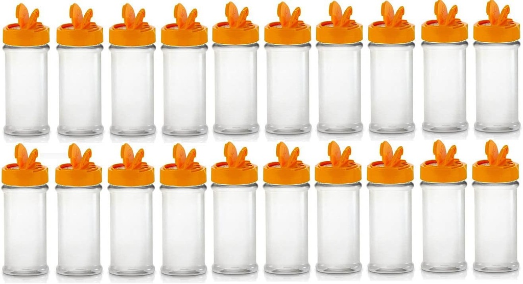 Nakpunar 20 pcs 8 oz Clear Plastic Spice Jars with Orange Shaker/Pour Dispenser Caps with Freshness Seal- Made in USA