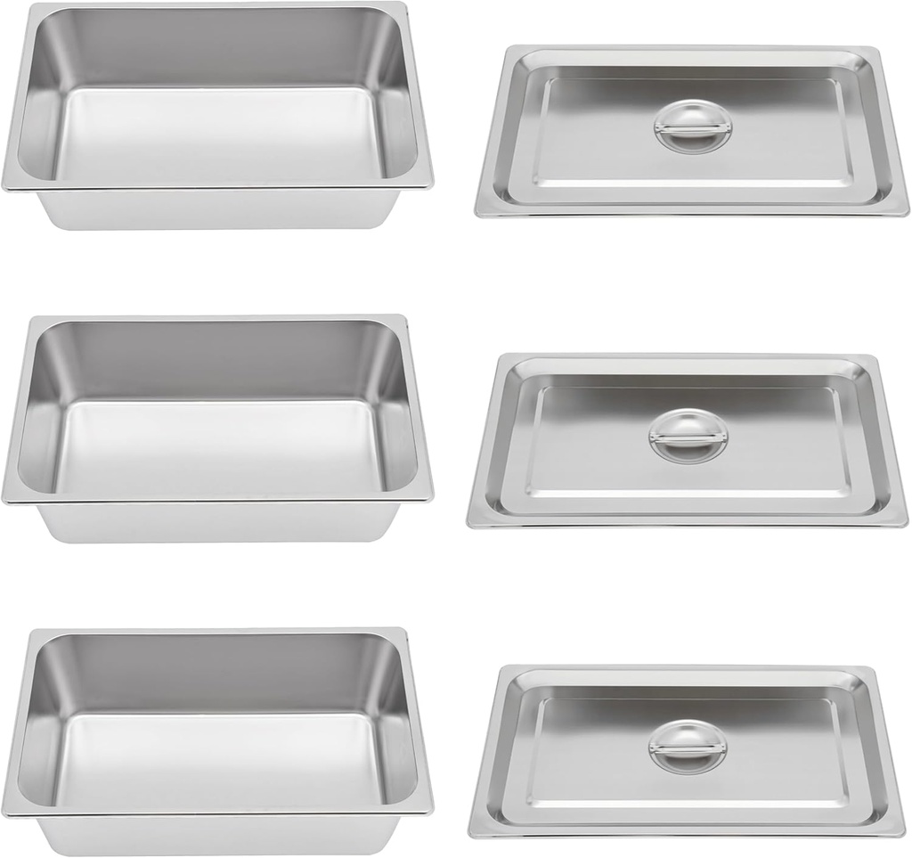 3 Pcs-6 Inch Deep Steam Table Pans with Lid, Full Size Stainless Steel Hotel Pan Restaurant Steam Table Pans Commercial Cookwares, Food Pan Buffet Servers Pans Catering Food Warmer