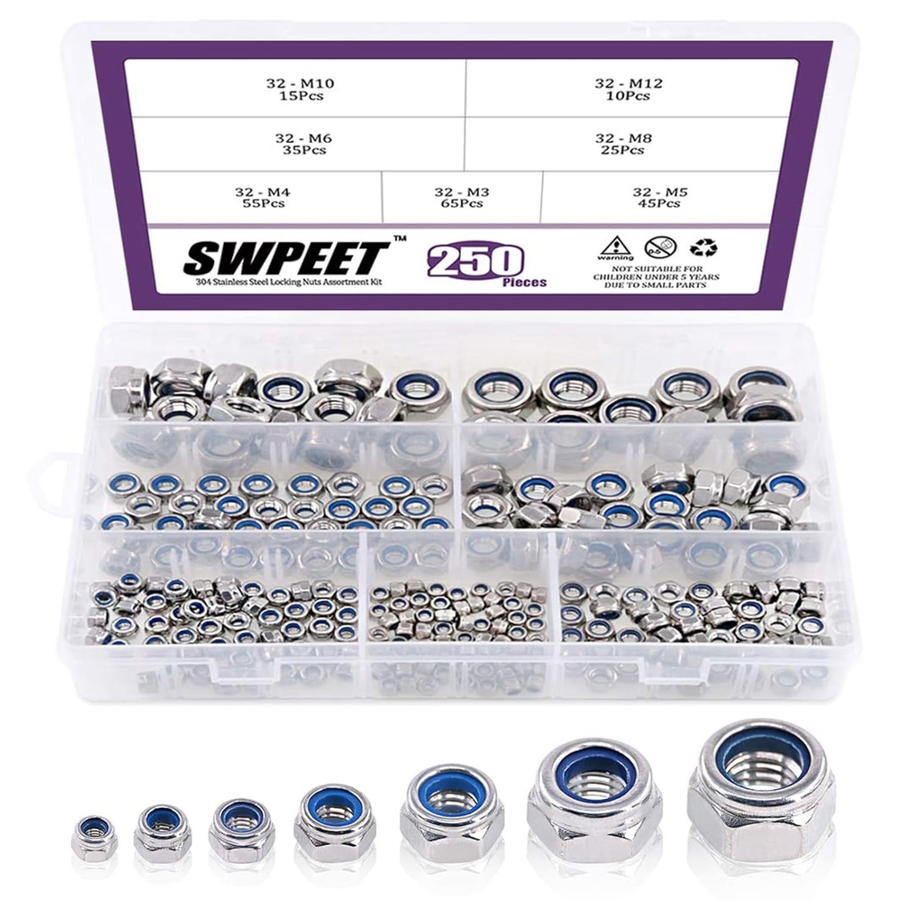 Swpeet 250Pcs 304 Stainless Steel Metric Lock Nut Assortment Kit Perfect for Lock Washers, Nylon Insert Locknut M3 M4 M5 M6 M8 M10 M12