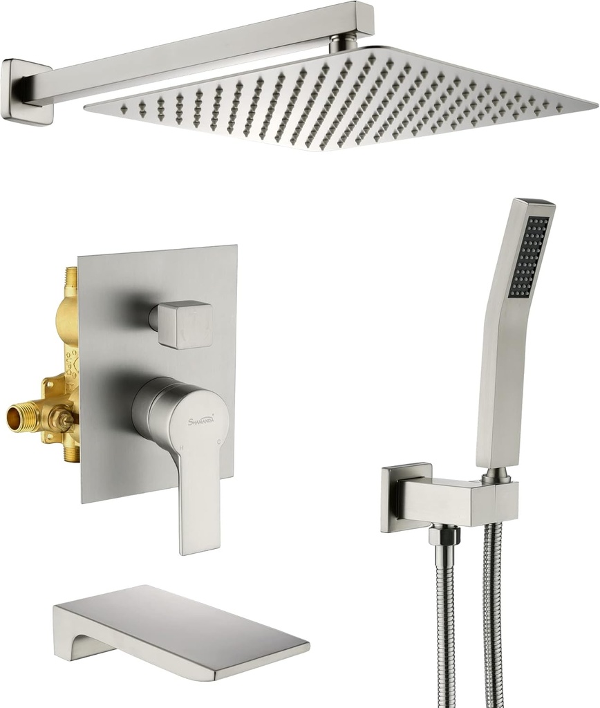 SHAMANDA Shower System with Waterfall Tub Spout and Handheld Shower Head, 12" Rain Shower Faucet Sets Complete with Shower Round-in Valve and Trim Wall Mount, Brushed Nickel, L101-2