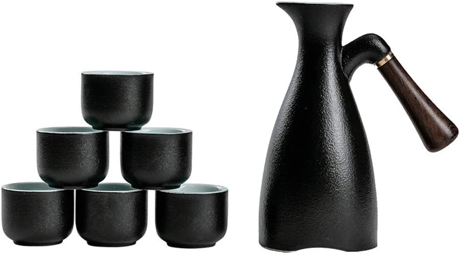 QWEASDF Japanese Sake Set, Traditional Ceramic Craftsmanship, 7-Piece Gift Box (Including 1 Bottle, 6 Cups), Wooden Handle, Retro and Elegant, Suitable As Gifts and Decorations