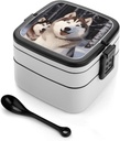 Adult Double-Layer Bento Box Huskies Portable Lunch Box with Spoon And Invisible Handle Leakproof Microwave-Safe Food Container for Work Travel Camping