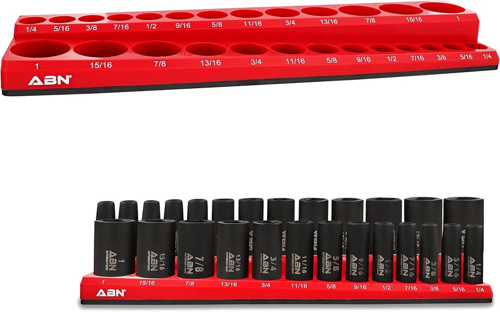 ABN Magnetic Socket Organizer Tray – SAE Standard 3/8in Socket Holder Magnetic Tool Organizer 26 Slot Red Holder