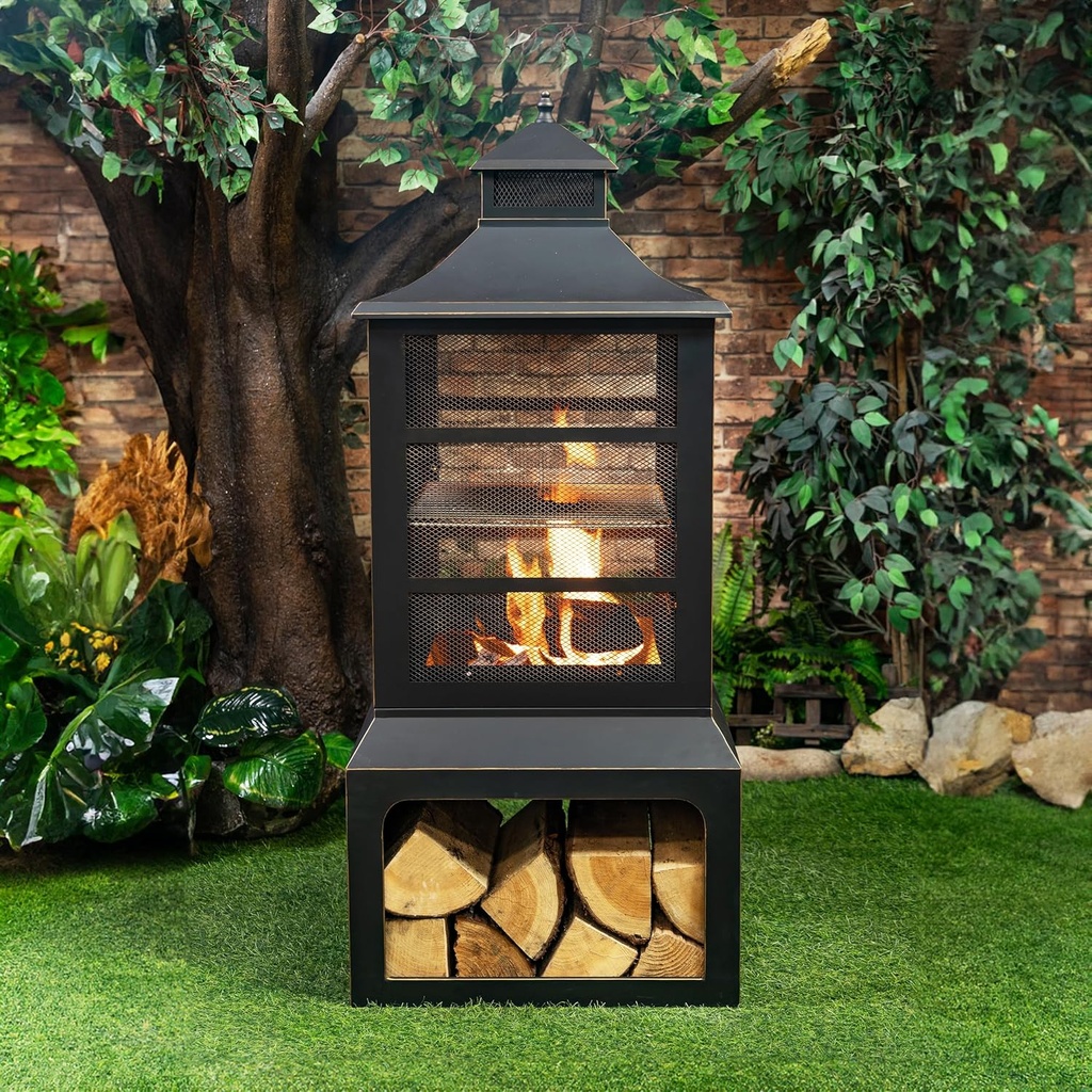 26" Square Steel Outdoor Wood Burning Fireplace - Outdoor Fireplace with Adjustable Cooking Grill & Log Storage Compartment - Camping Fire Place with Safety Screen and Poker