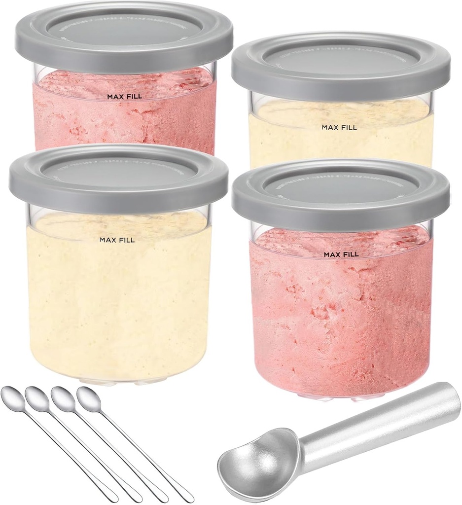 Creami Pints and Lids for Ninja NC301 CREAMi Ice Cream Maker - 4 pack Ice cream Containers Cups Set, 16oz Creami Pint Containers and Lids fit Ninja NC299AMZ NC300 Creamer Ice Cream Maker Accessories