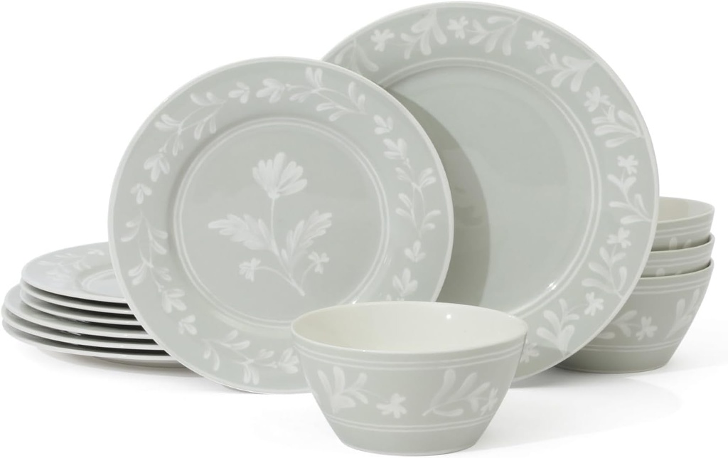 Martha Stewart Maiden Crown 12-Piece Sage Green Dinnerware Set – Vegan Bone China Ceramic Plates & Bowls – Floral Design – Service for 4 – Microwave & Dishwasher Safe