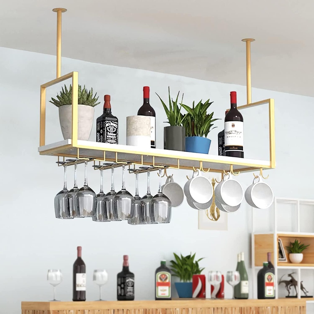 Ceiling Mounted Wine Rack, 31.5 Inch Metal Wine Rack with Wine Glass Holders Hanging Goblet Shelf Wine Storage Organizer Wine Display Stand Gold for Bar Hotel Cafe