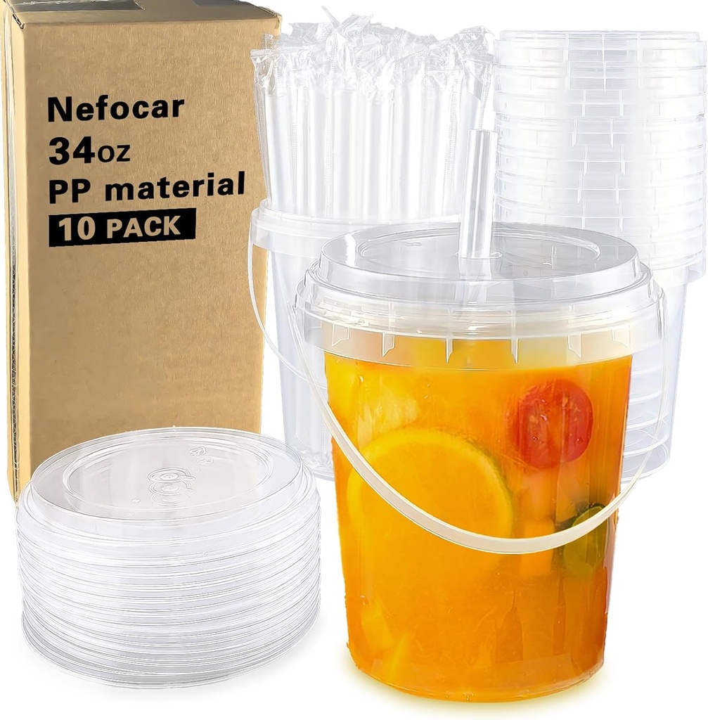 10 Pack 34oz Disposable Plastic Cups with Lids and Straws, Iced Coffee Cups with Lids, Sturdy & Food Safe for Cold & Hot Drinks, Smoothies, Fruit Drinks Cups for Summer Beverages, Bar & Beach Party