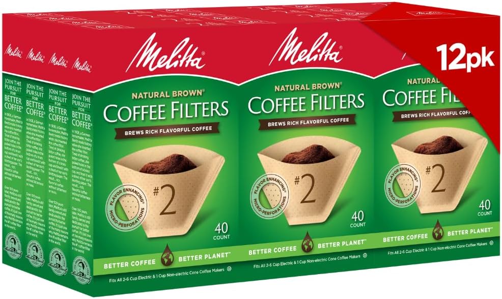 Melitta #2 Cone Coffee Filters, Natural Brown, 40 Count (Pack Of 12), 480 Total Filters - Fits all 2-6 Cup Cone Coffee Makers and 1-cup Pour-Over Brewers, Compostable, Tear-Resistant, Made in USA