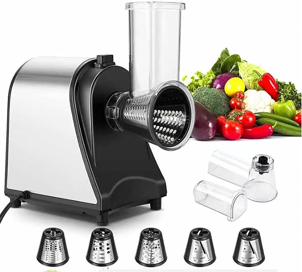 Electric Vegetable Cheese Grater - 1000W Food Processor with 5 Stainless Steel Blades, One-Touch Control for Efficiently Grating Cheese, Carrots, Potatoes, Nuts, Cucumbers & Zucchini.