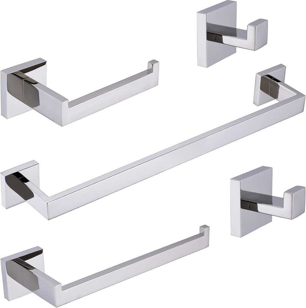 TRUSTMI 5-Piece Bathroom Hardware Accessory Set Robe Hook Towel Bar Toilet Roll Paper Holder Towel Ring Wall Mounted, SUS 304 Stainless Steel, Chrome
