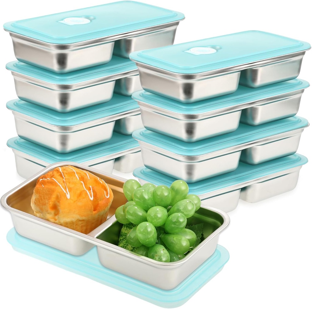 8 Pcs 30 oz Bento Boxes, 2 Compartments 304 Stainless Steel Food Storage Containers Snack Boxes with Leakproof Lids, Divided Meal Prep Lunch Box Food Container Dishwasher Safe