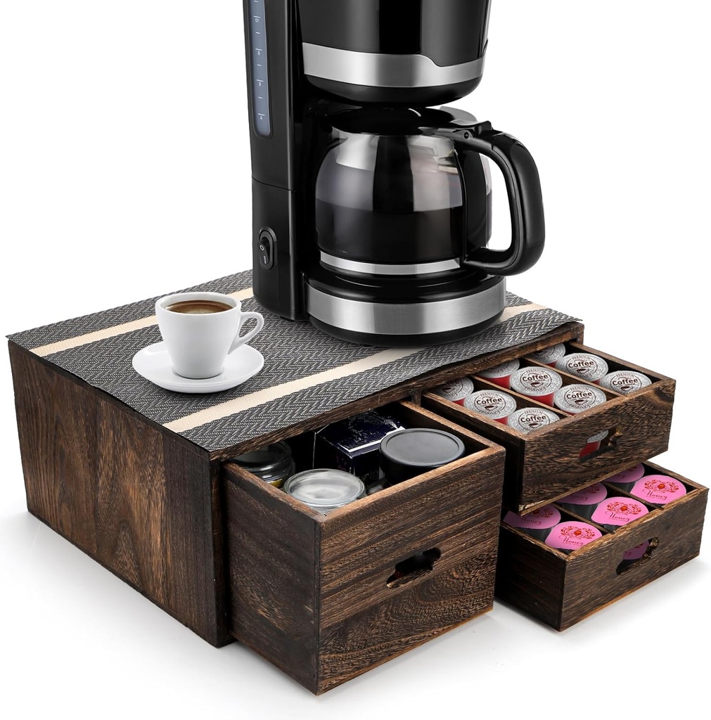Yopay Wooden Coffee Capsules Organizer Box, Coffee Pod Holder with Adjustable Compartments and Non-Slip Mat, Farmhouse 3 Drawers Coffee Organizer for K Cup Pods, Bar, Kitchen, Countertop