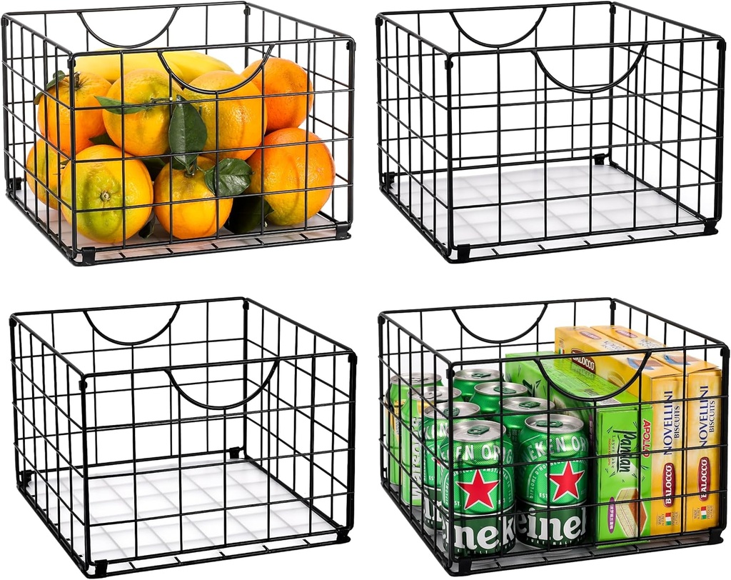 Metal Wire Basket Foldable Set of 4, Metal Bins for Organizing with PVC Sheet, 10.5x10.5in Wire Pantry Baskets Freezer Organizer Bins for Kitchen Closet Bathroom-Black