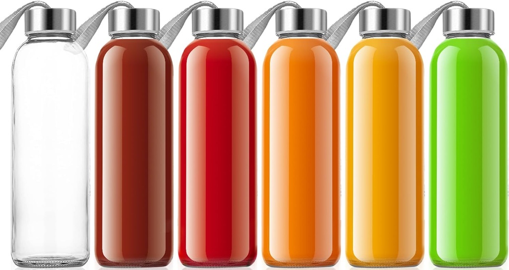 QCen 18oz Clear Glass Bottle for Juicing, 6 Pack Reusable Glass Water Bottles for Juicer Machine, with Stainless Steel Leak-Proof Lids, Wide Mouth Liquid Storage Containers, BPA Free