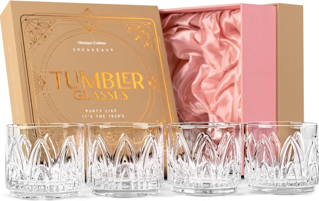 GLASSIQUE CADEAU Vintage Art Deco Crystal Lowball Cocktail Glasses | Set of 4 | 11 oz Short Tumbler Rocks Glassware for Drinking Craft Bar Drinks | Heavy Based Old Fashioned Glasses for Women