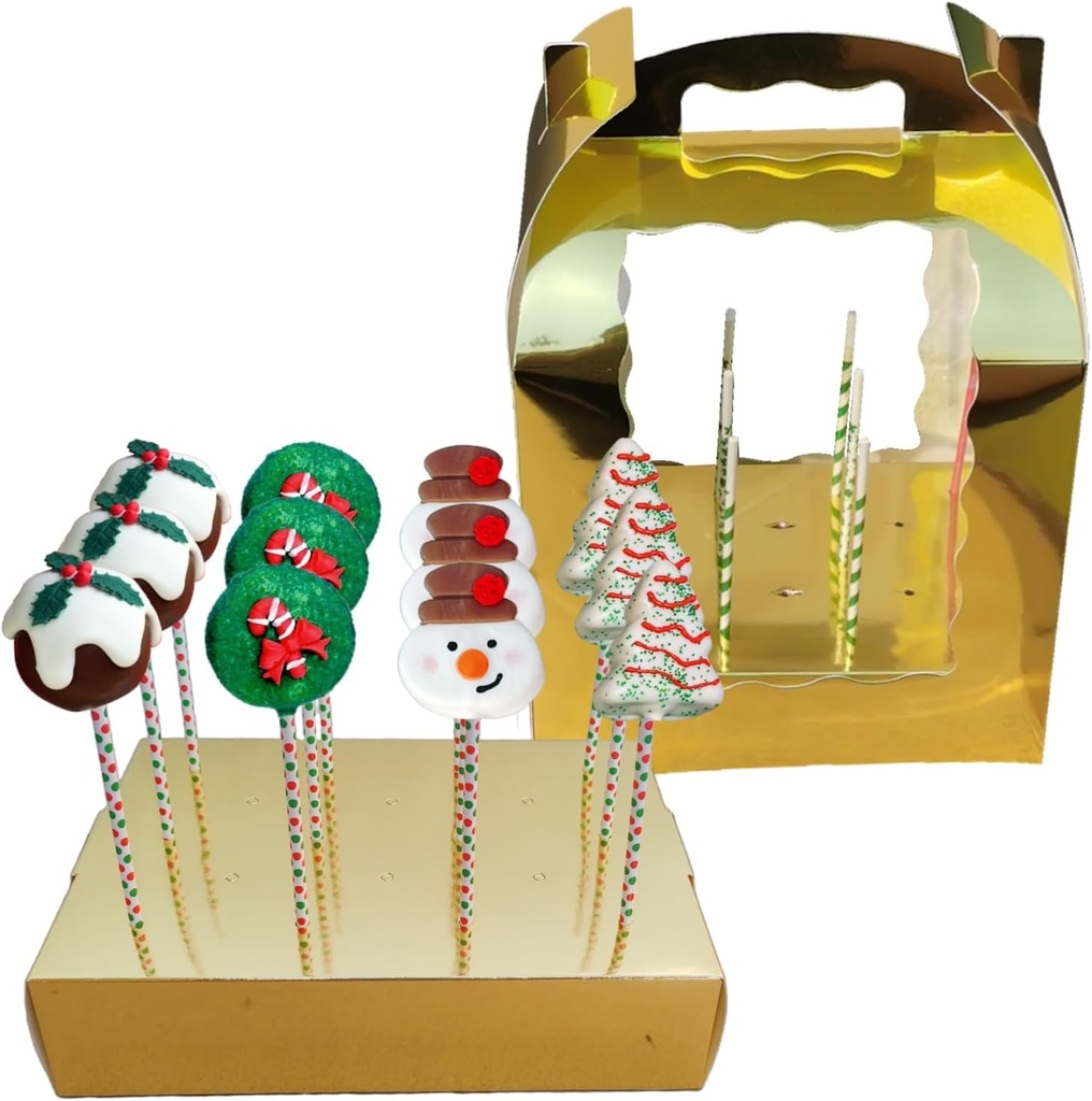 6 Pcs Gold Color Cake Pop Boxes Packing, Cakepop Take Out Carrier Boxes, 18 Holes Christmas Cakepop Lollipop Portable Carrier and Display Stand, Cake Pop Packing Boxes