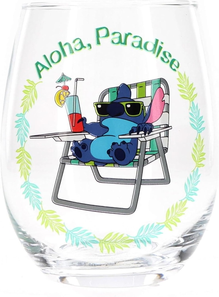 Silver Buffalo Disney Lilo and Stitch Tropical Relaxing Aloha Paradise Boxed Stemless Wine Glass, 20 Ounces