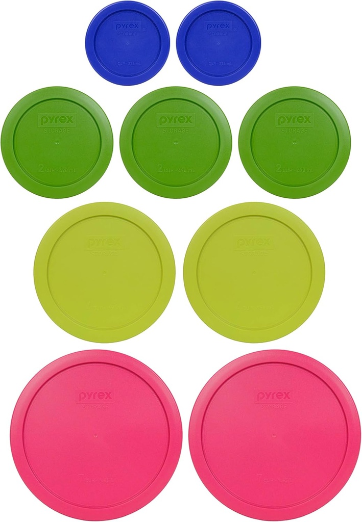 Pyrex (2) 7402-PC 6/7-Cup Fuchsia, (2) 7201-PC 4-Cup Edamame Green, (3) 7200-PC 2-Cup Lawn Green, (2) 7202-PC 1-Cup Cadet Blue Replacement Food Storage Lids