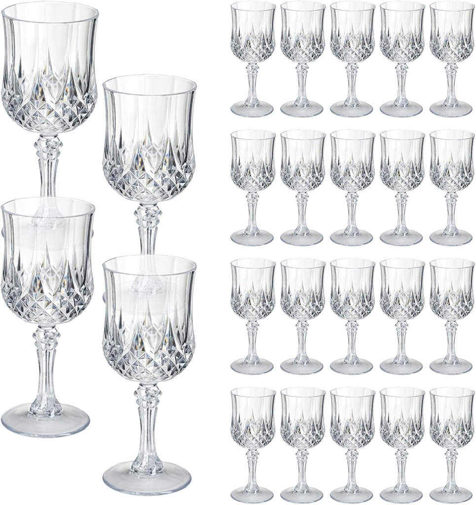 XKXKKE 24 Pcs Transparent Plastic Wine Glasses, Plastic Water Goblets for Parties, Stemmed Drinking Glasses for Wedding Reception, Grand Event Party Bar Supplies Reusable Drinking Cups